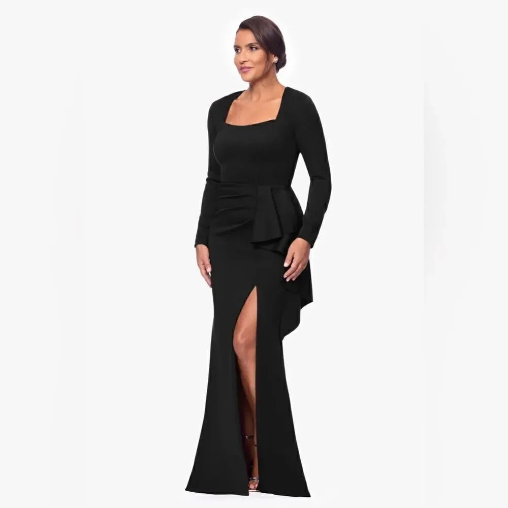 XSCAPE NWT “ADRIAN" LONG TECHNO SCUBA LONG SLEEVE RUFFLE DRESS size 14 in black